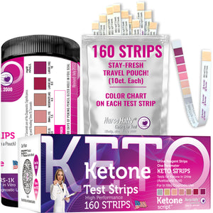 Nurse Hatty 160ct. - Ketone Test Strips - Color Chart on Keto Strip w Free Travel Bag, eBooks & App to Track-Your-Progress - Urine Ketogenic, Ketosis, Low-carb, Paleo, Adkins & Keto Diets - XL Strips