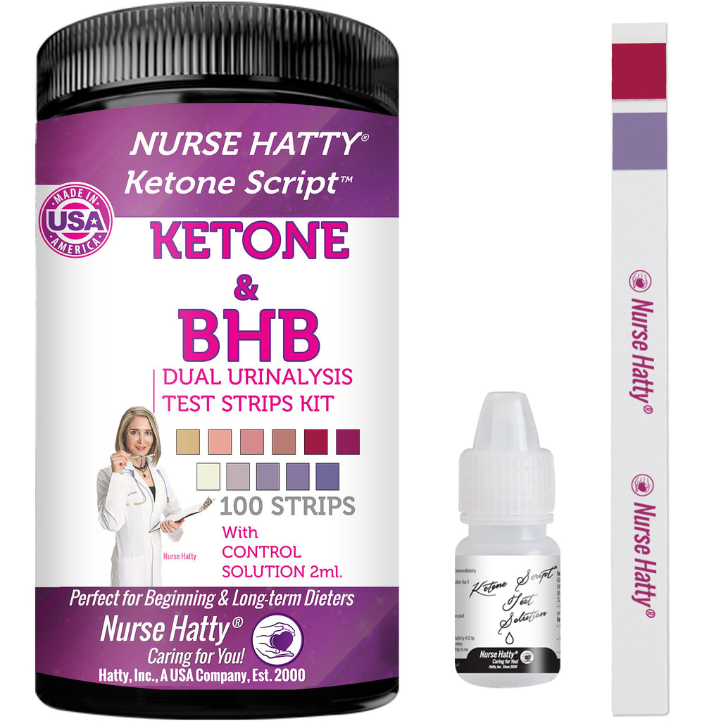 Nurse Hatty - DUAL Keto & BHB Urinalysis Test Strips with Control Solution for Ketone & Beta-Hydroxybutyrate Levels in Urine + BHB eBook – FRESH 100ct. Extra Long Testing Strips for Ketogenic Diet